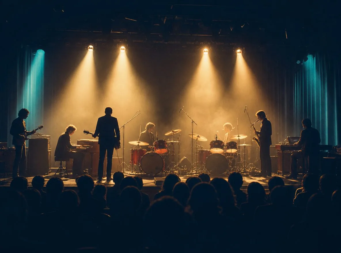 A seven-piece rock band playing together on a theatre stage