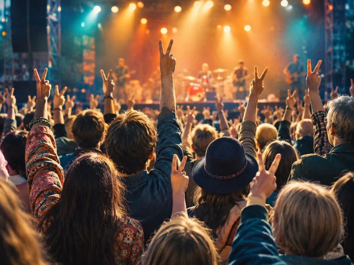 A crowd raising two-finger peace signs toward a lit stage