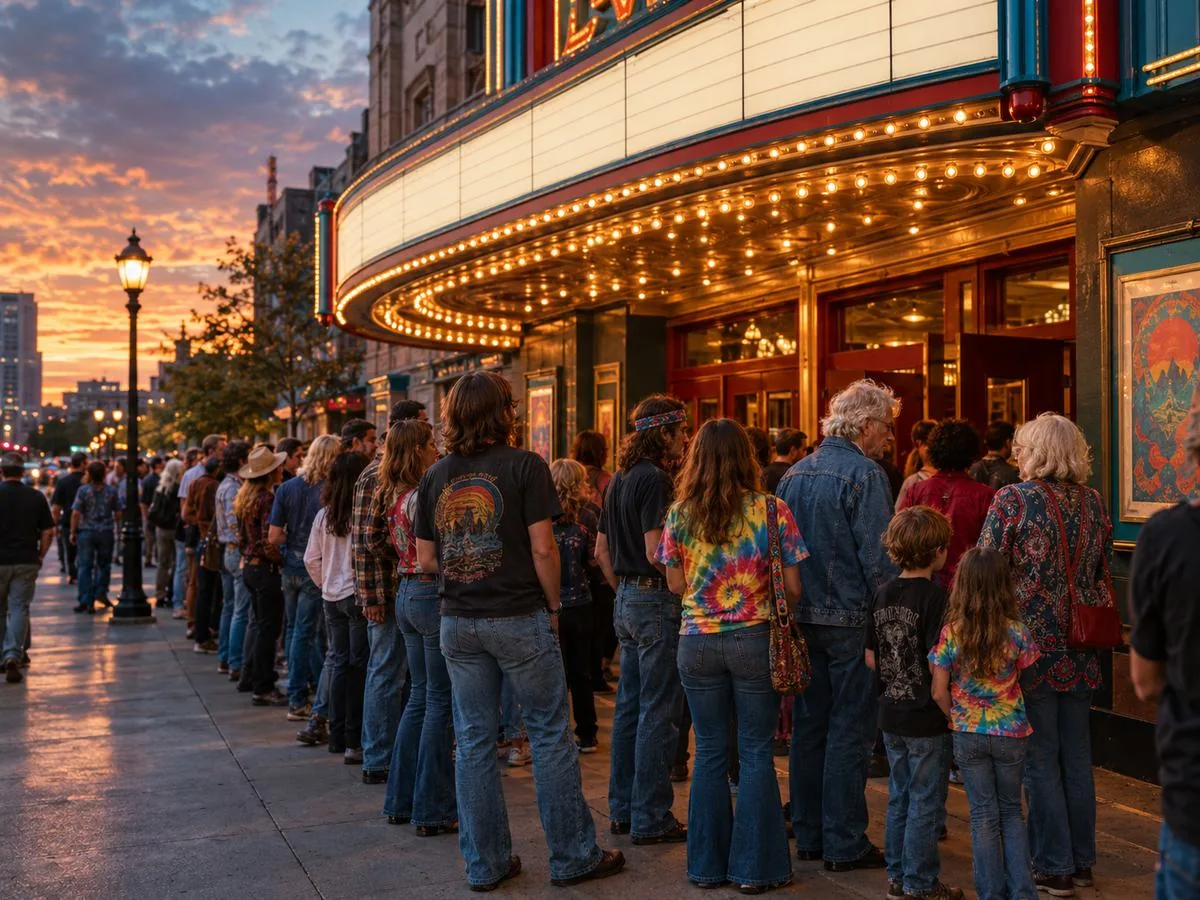 Concert fans lining up under a lit theatre marquee at dusk