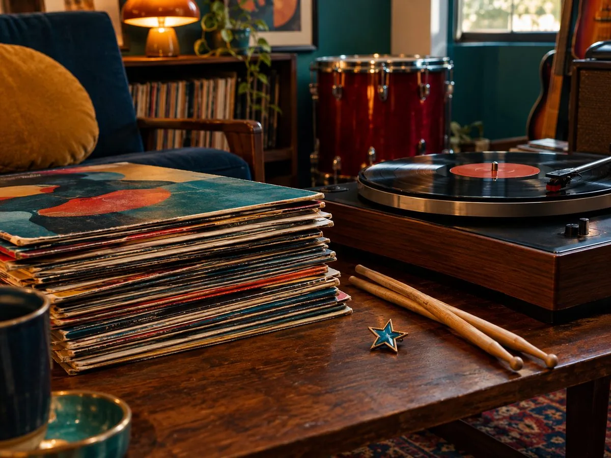 A vinyl record spinning on a turntable beside a stack of album sleeves