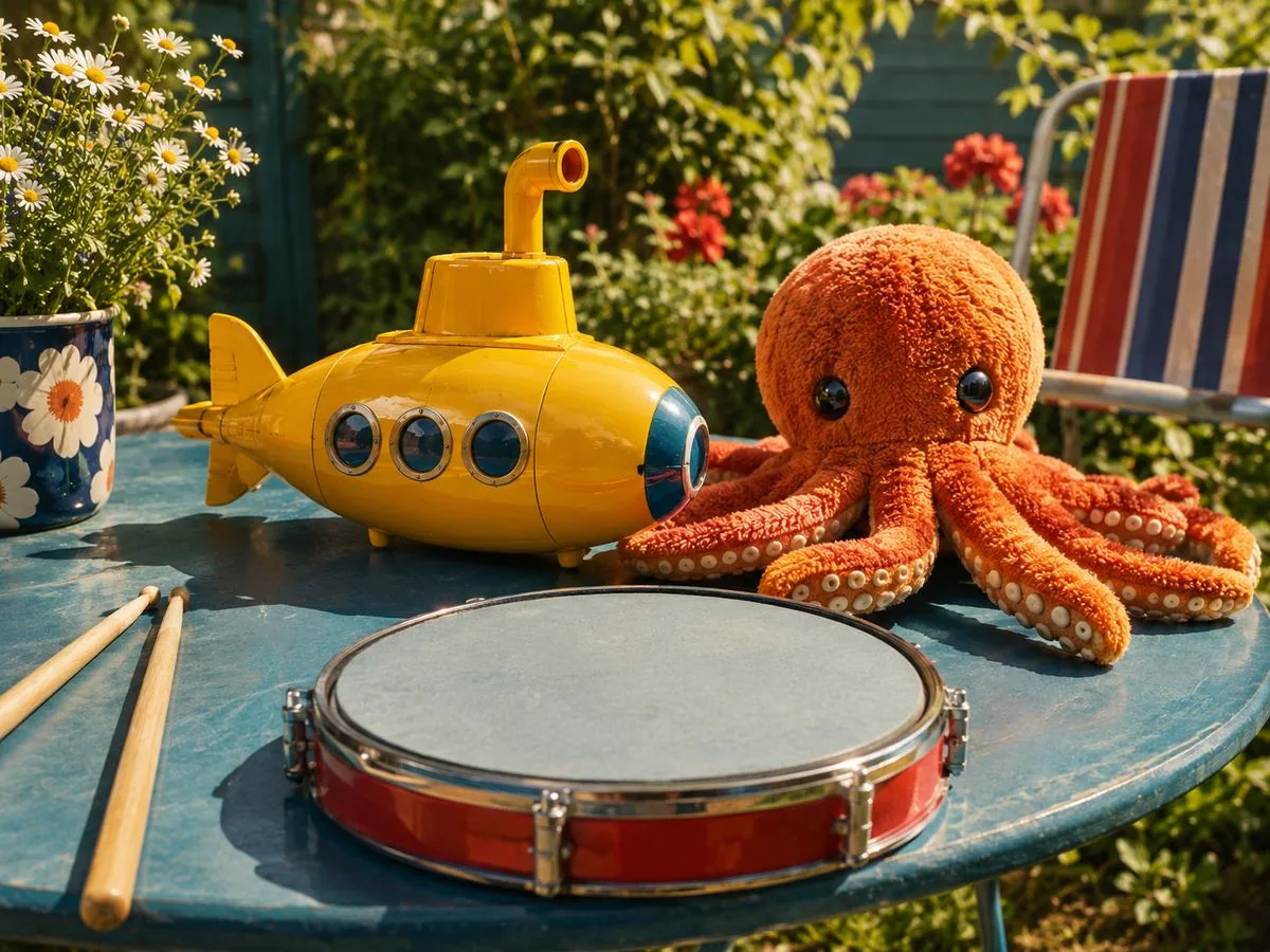 A yellow toy submarine resting on a wooden table